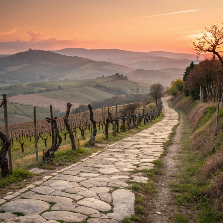 Antica Via Emilia circondata da vigneti storici in Emilia-Romagna