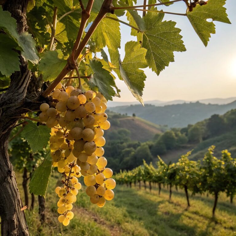 Grappoli di uve Albana mature nei colli romagnoli